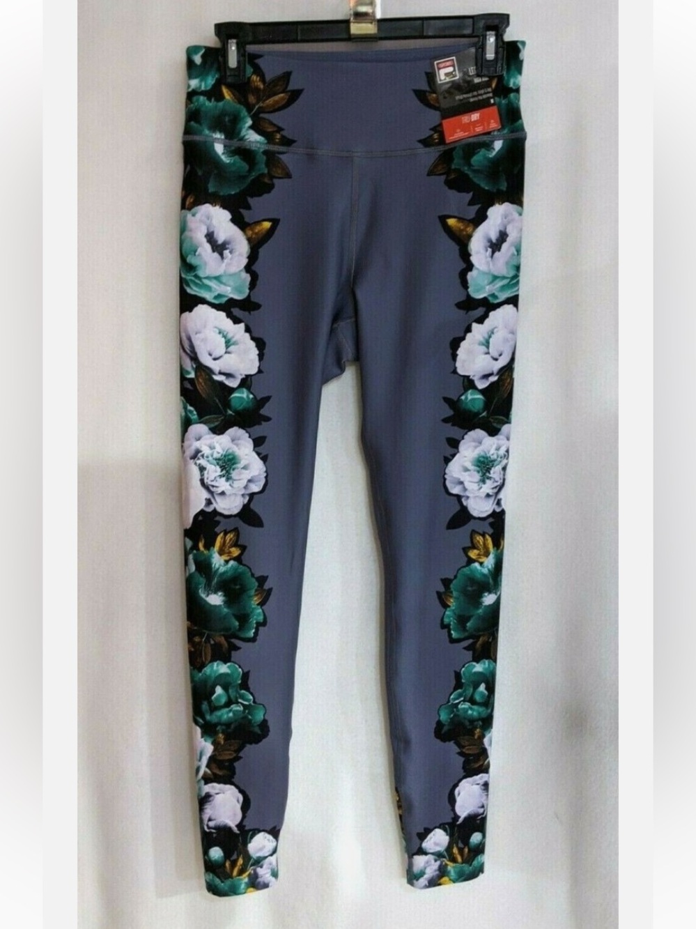 FILA High Rise Floral Side-Panel Gray Leggings with Teal & White Blooms New